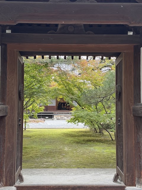 Looking through a temple gate onto a mossy lawn and inner hall, likely within the Tochoji/Jotenji temple grounds — these wood